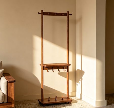 Multi-Function Coat Rack with Hanging Rod, Shelf, and Four Hooks